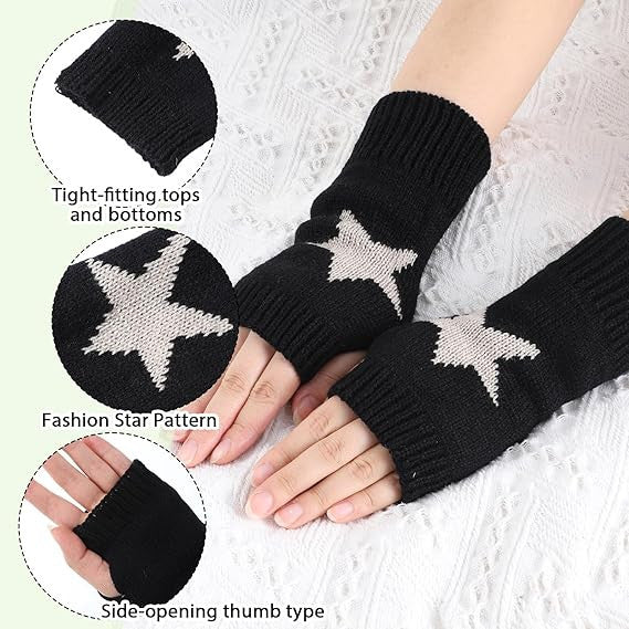 1 Pair Y2K Star Gloves Autumn Winter Fingerless Star Knitted black US New