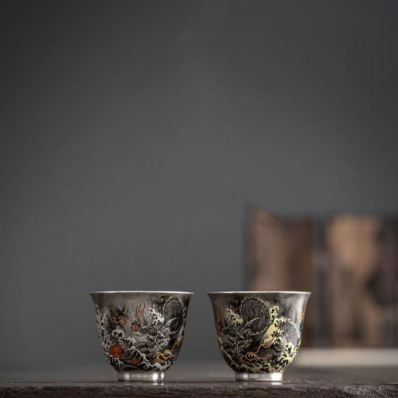 Chinese Tea Set Dragon Design Pure Silver + Porcelain Gaiwan Pitcher Tea Cup Mat