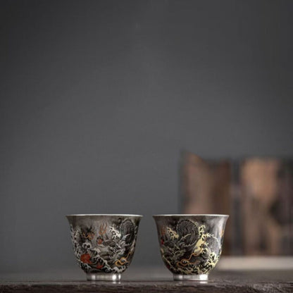 Chinese Tea Set Dragon Design Pure Silver + Porcelain Gaiwan Pitcher Tea Cup Mat
