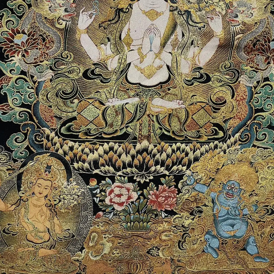 35" Tibetan Buddhism Embroidery Four-armed Guanyin Buddha Thangka Worship Hall