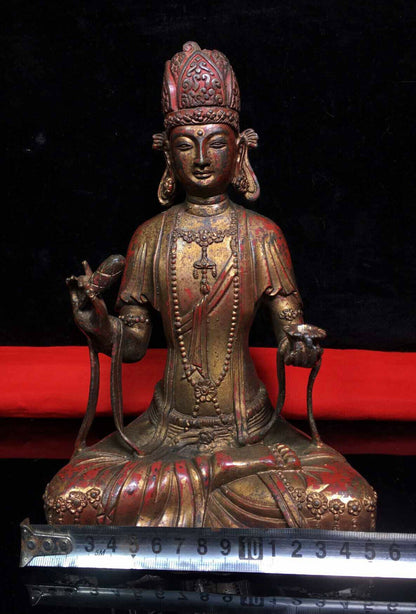 9.2" Old Dynasty China Buddhism Tibet Temple Bronze Kwan-Yin Buddha Statue