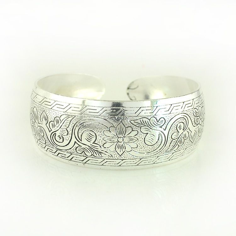 Women Fashion Bracelets Silver Plated Carved Flower Vintage Cuff Tibetan Bangles