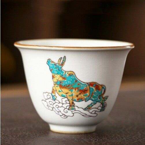 ruyao craft crackle glaze porcelain tea cup 100ml ox deer print personal cup new