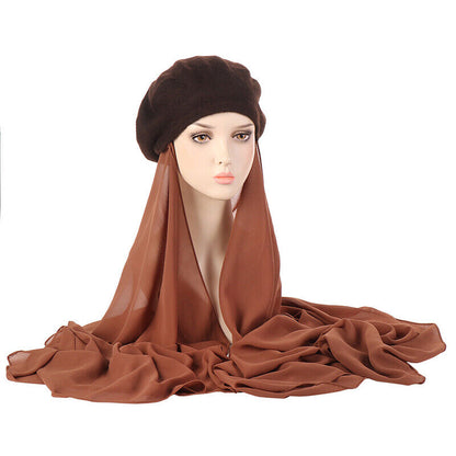 Women's Beret Hat Chiffon Scarf Instant Hijab Shawls Wrap Headsacrf Bandana Caps