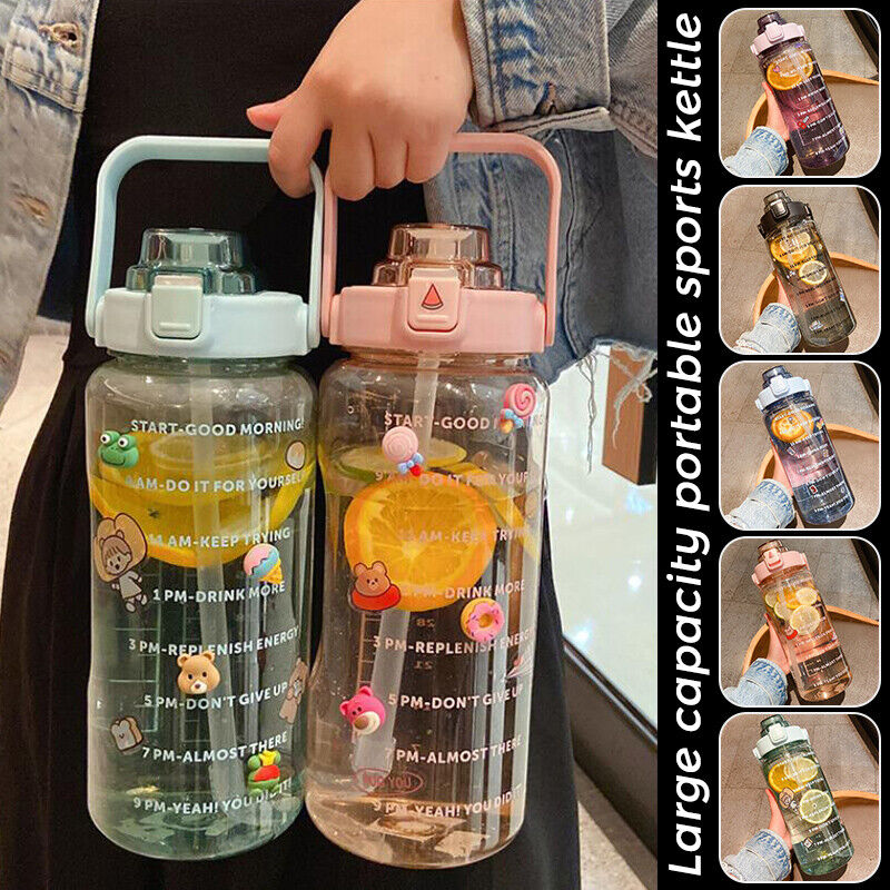 2L Sports Stickers Water Bottle Large Capacity Straw Gradient Fitness Water Cup