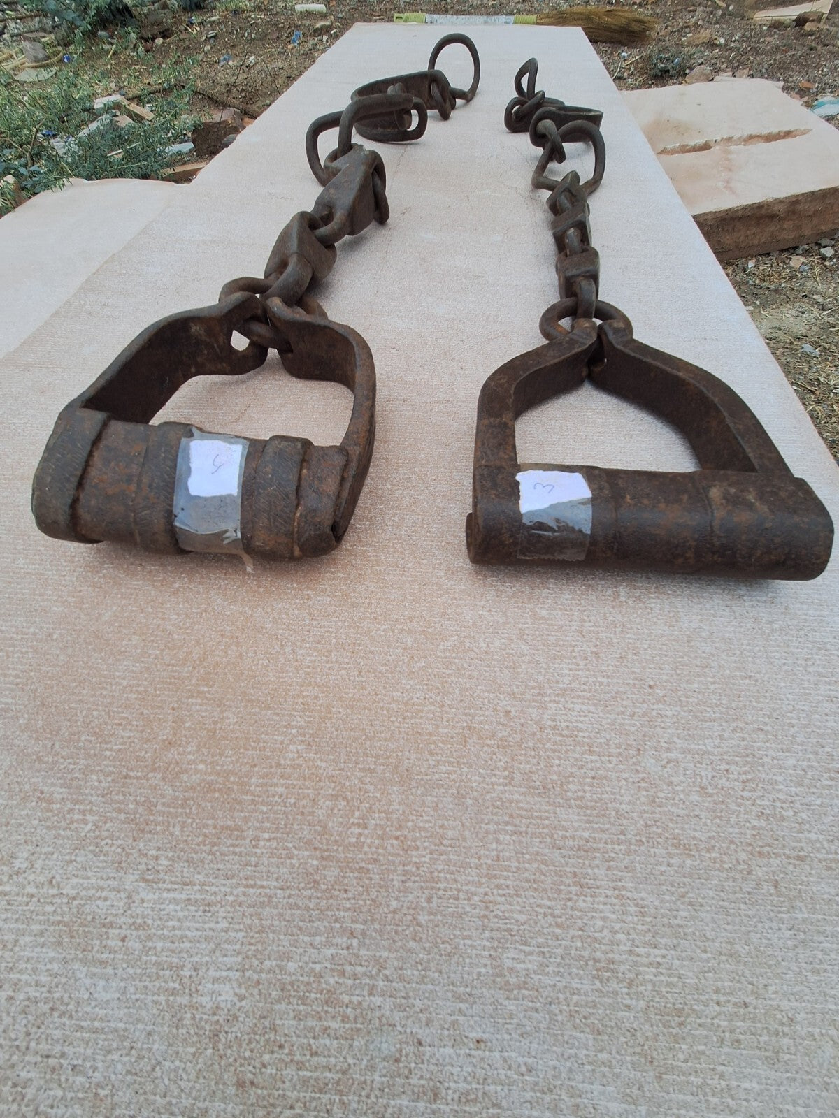 OLD VINTAGE HAND FORGED HORSE LEG IRON CHAIN ANIMALS SHACKLES - SET OF 2