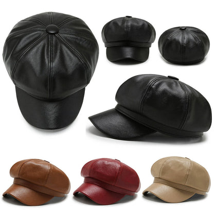 Womens Octagonal Cap PU Leather Cap Duck Tongue Cap Beret Fashion Winter Hat