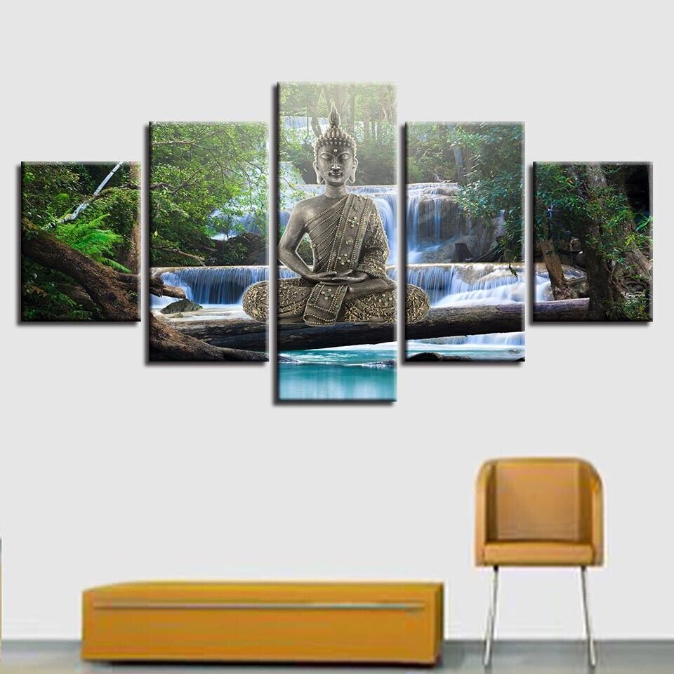 Buddha Meditation Statue Waterfall Scenery Canvas Prints Painting Wall Art Decor