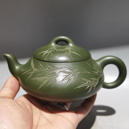 Chinese Yixing Purple Clay Teapot Zisha Handmade Ceramic Carving Bamboo Teaware