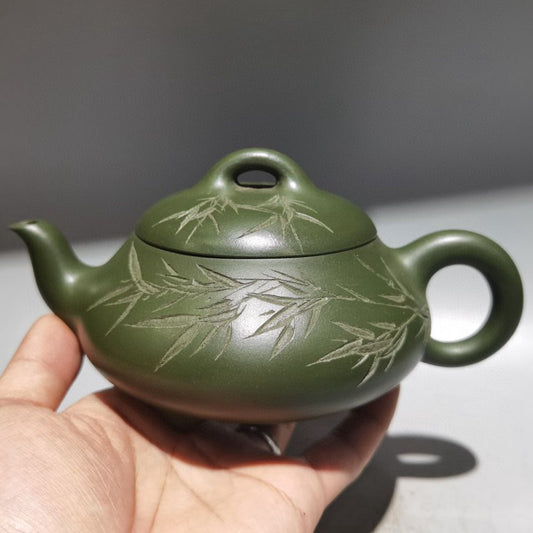 Chinese Yixing Purple Clay Teapot Zisha Handmade Ceramic Carving Bamboo Teaware