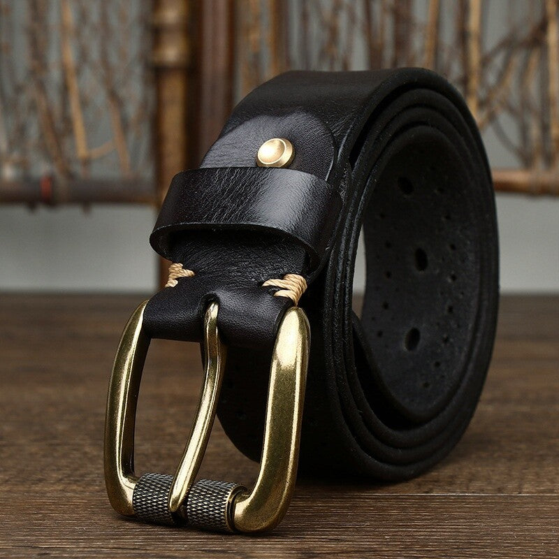 Men's Vintage Hollow Leather Belt Solid Brass Buckle Waistbands for Pants Brown