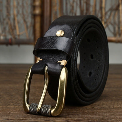 Men's Vintage Hollow Leather Belt Solid Brass Buckle Waistbands for Pants Brown