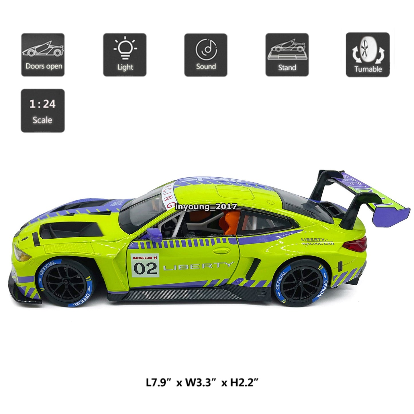 1/24 BMW M4 GT3 Model Car Diecast Toy Vehicle Toys for Boys Kids Gifts Green