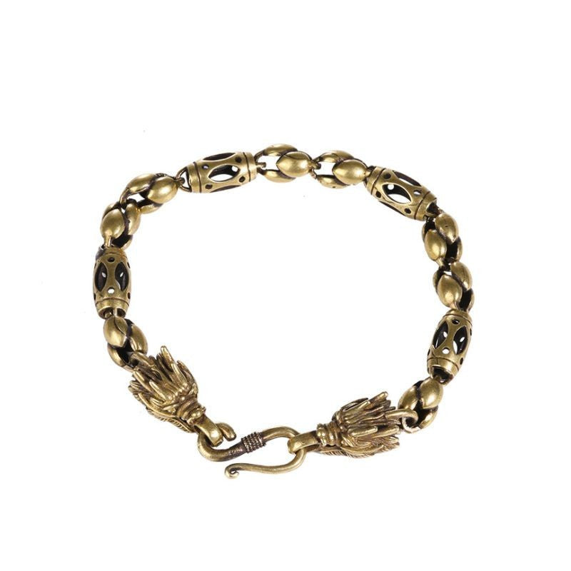 Vintage Bronze Dragon Head Bracelet Brass Bone Chain Hip Hop Men's Accessory