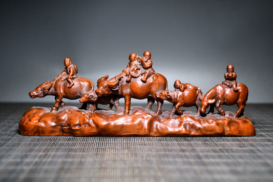 Collection Chinese Boxwood Carved Children Cattle Statue Figurines Ornaments Art