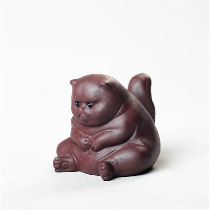 Chinese Yixing Zisha Pottery Purple Clay Animal Small Fat Cat Tea Pet Statue
