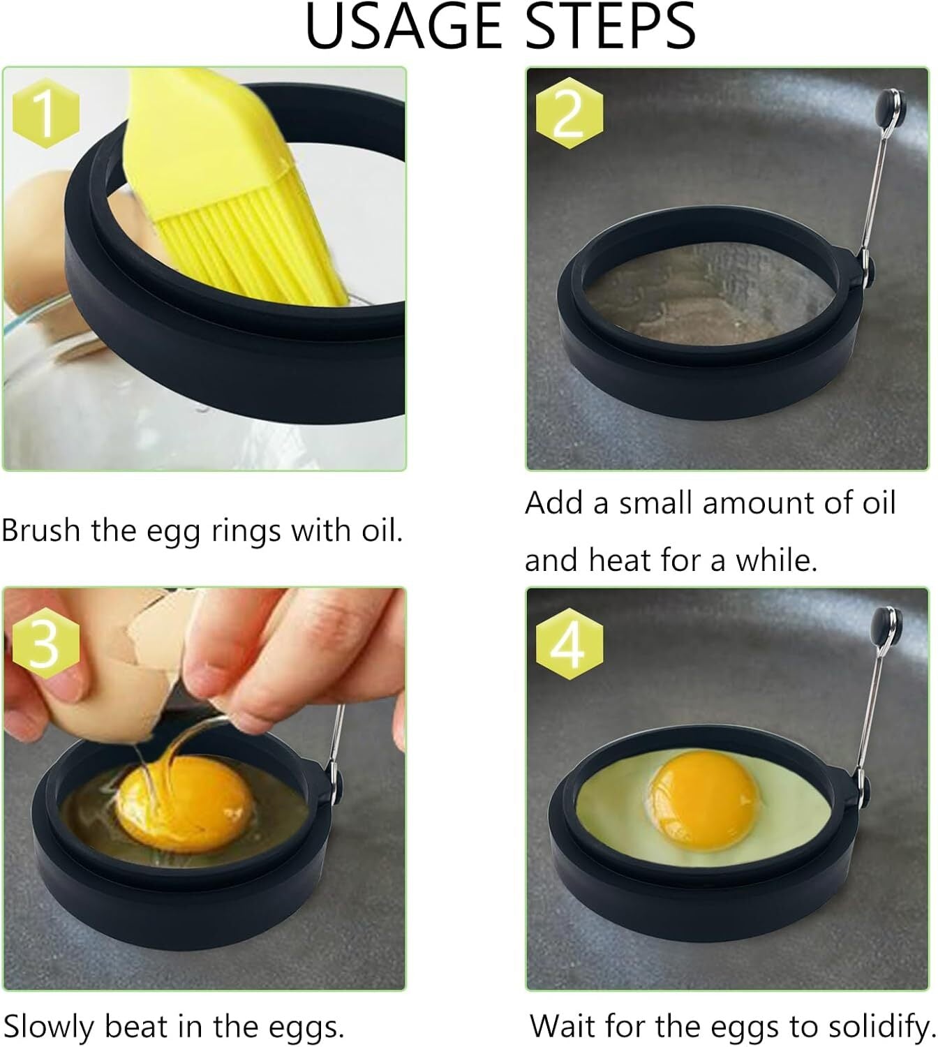 Black Silicone Egg Rings 4 Pack Molds for Fried Eggs Non-stick Cooker