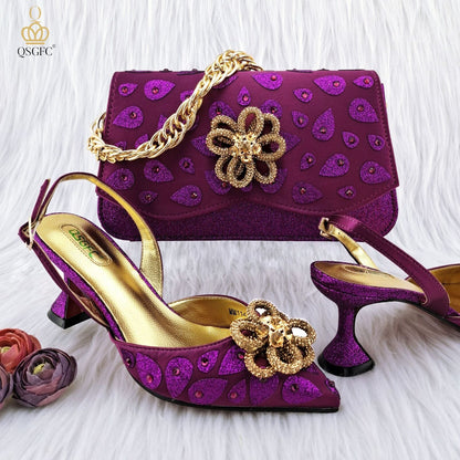 Classic Style Women's Hand Bag Matching High Heels Wedding Party Shoe Bag Set