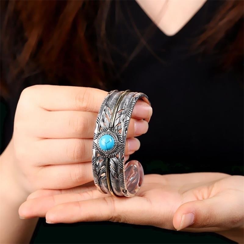 Turquoise imitation Feather Bangle Open Cuff Bracelet Women Retro Jewelry