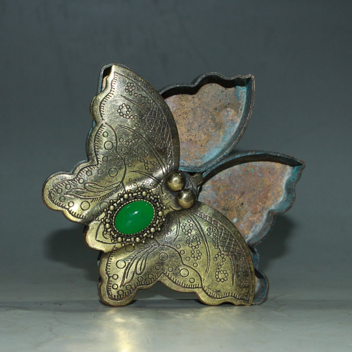 Vintage Copper Butterfly Ink Box 10cm Simulated Jade Inlay