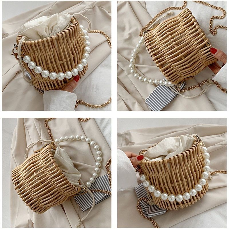 Summer Straw Bag Women Handmade Beach Handbag Travel Crossbody Bag 16*16*14 CM