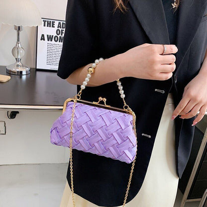 Shoulder Bag Pearl Chain Handbag Ribbon Weave Purses Clip Crossbody 21*5*13 CM
