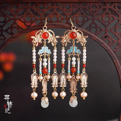 Hanfu Vintage Tassel Long Earrings Bride Filigree Fish Tang Style Chinese