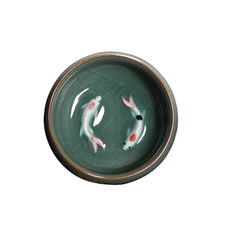 1 pcs Celadon Crackle Glaze Tea Cup | Hand-Painted Koi Fish Ceramic Teacup 60ml