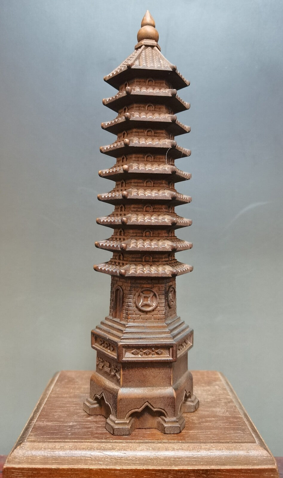Antique Vintage Chinese Boxwood Nicely Carved Wenchang Pagoda Statue Sculpture