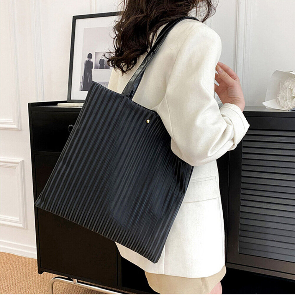 PU Leather Underarm Shoulder Bag Tote Bag Solid Color Striped Bucket Bag*