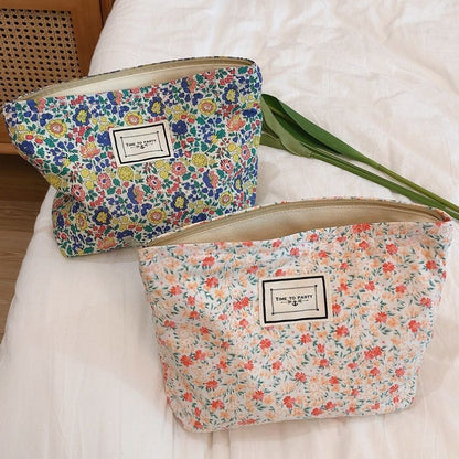 Floral Makeup Bag Large Cotton Fabric Cosmetic Traveling Case Storage Organizer