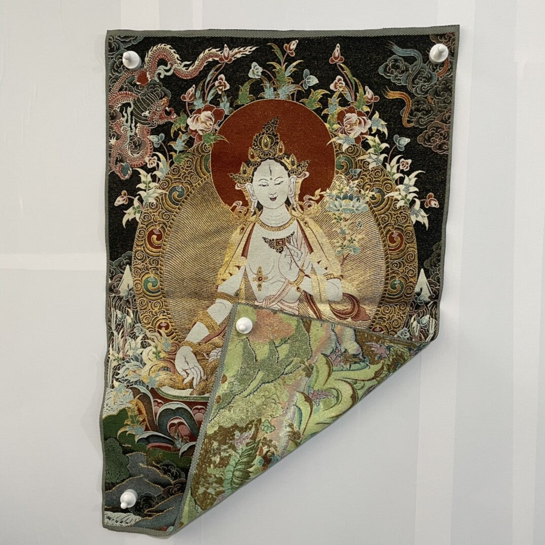 35" Decor Tibet Silk Cloth Embroidery White Tara Thangka Mural Tapestry Dragon