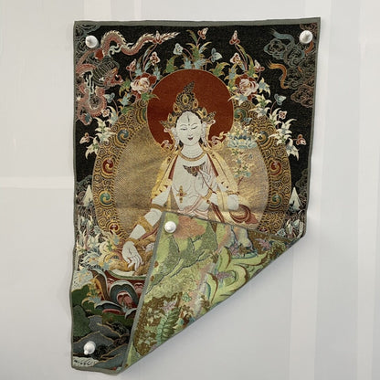 35" Decor Tibet Silk Cloth Embroidery White Tara Thangka Mural Tapestry Dragon