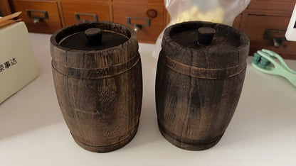 Vintage Wooden Barrel Jar 13.5×9cm 2Pcs Tea/Spice Canister Minor Defects