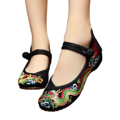 Retro Ethnic Women Embroidered Dragon Slipper Loafer Mary Janes Flat Shoes New