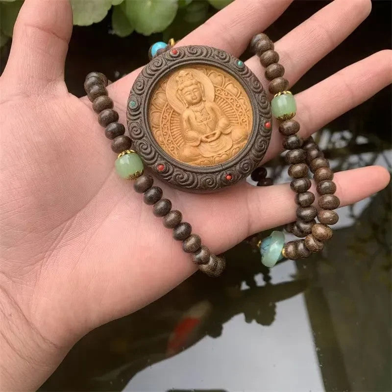 China Natural Wood Carving KWAN-YIN Pendant Blessing Abacus Beads Necklace Gift