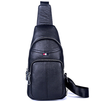 Black Sling Backpack Men's Genuine Leather Crossbody Chest Bags Casual Daypack