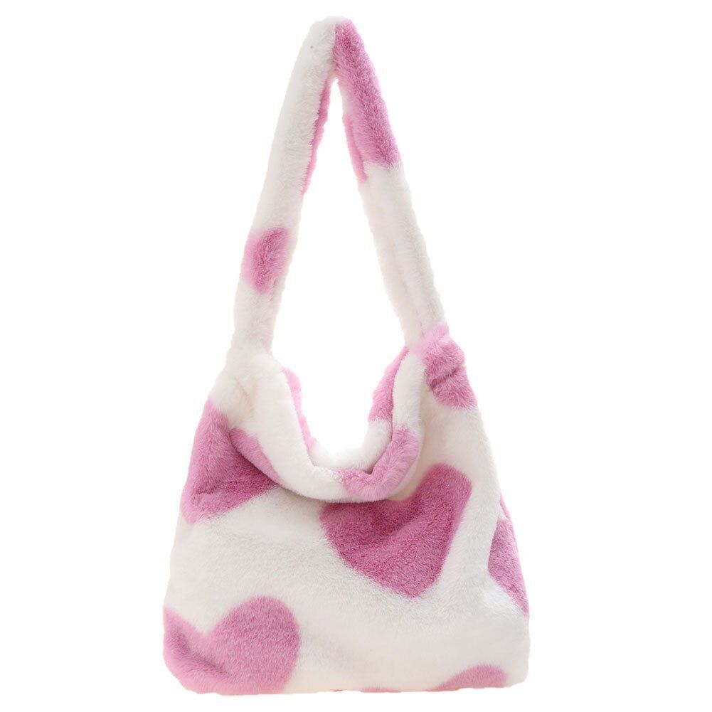Heart Leopard Print Bag Soft Plush Shoulder Bag Large Travelling Purse 30*25*6CM