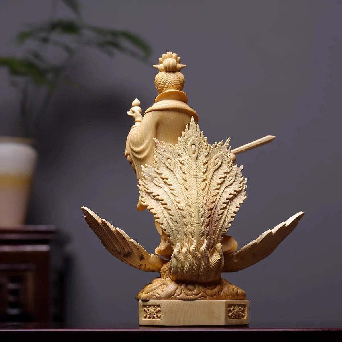 12" Boxwood Carved Mysterious Maiden Nine Heaven Statue Taoism Deity Collection