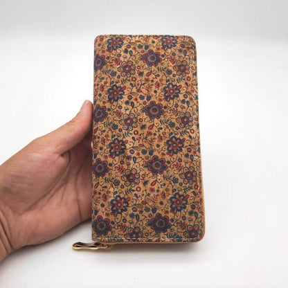 Tile Pattern Print Natural Cork Wallet Leather Long Purse Zipper Card Holder 1PC