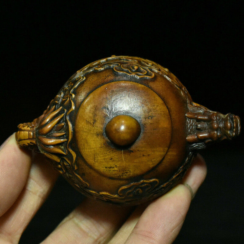 Antique Chinese Boxwood Caved Dragon Cloud Wine design Tea Pot Flagon Statue