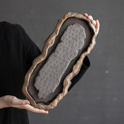 Crude Pottery Tea Tray Water Reservoir Ceramic Serving Tray Heart Sautra Carved