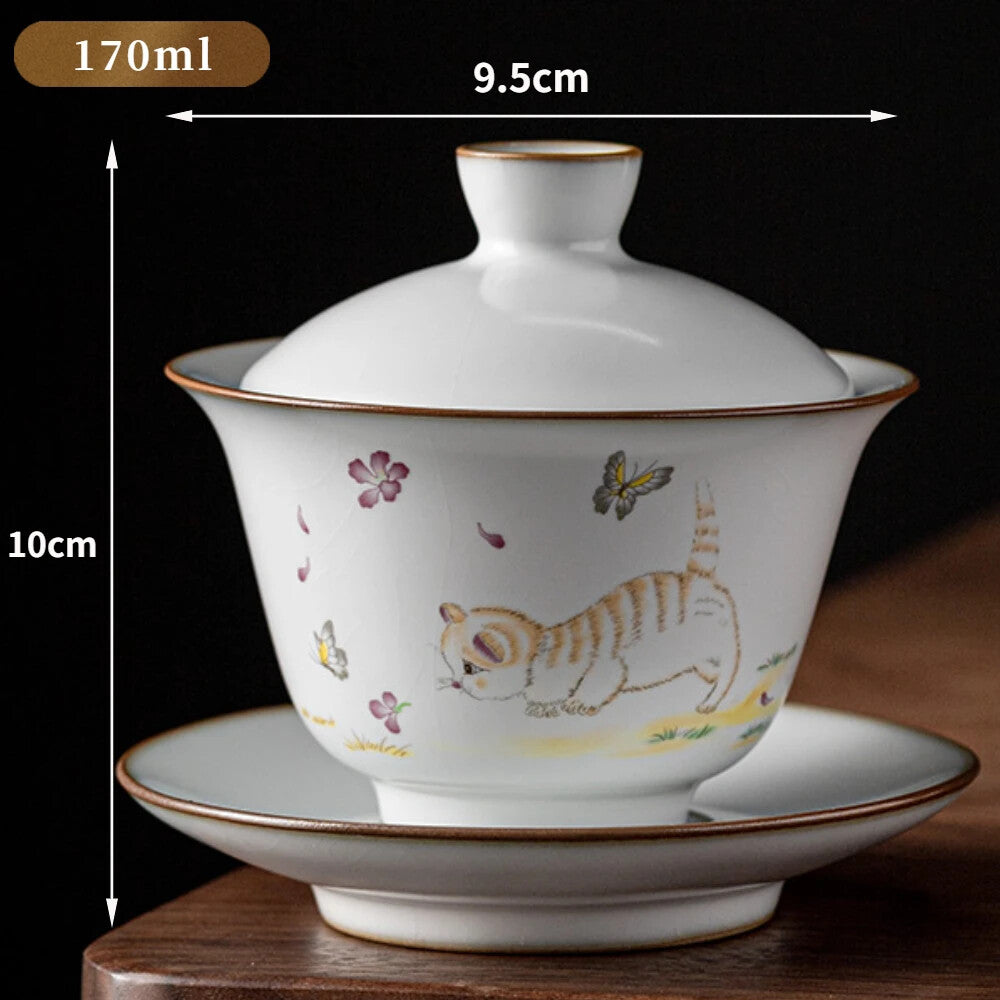 170ml Chinese Ru Kiln Ceramic Gaiwan Cute Cat Pattern Tea Tureen Teacup Tea Bowl