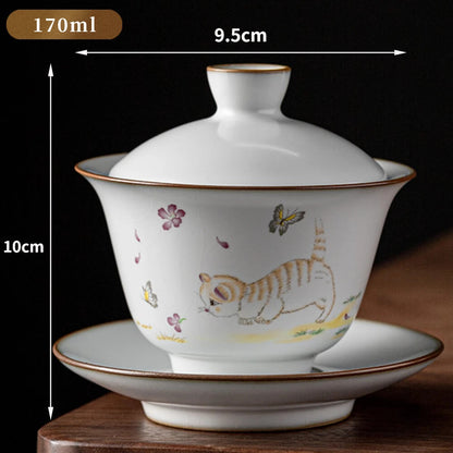 170ml Chinese Ru Kiln Ceramic Gaiwan Cute Cat Pattern Tea Tureen Teacup Tea Bowl