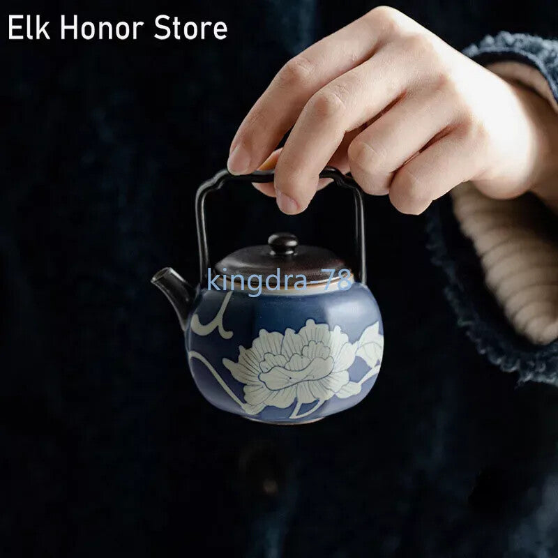 125ML PurePeony Art Ceramic Teapots Creative Octagonal Handle Pot TeaKettle