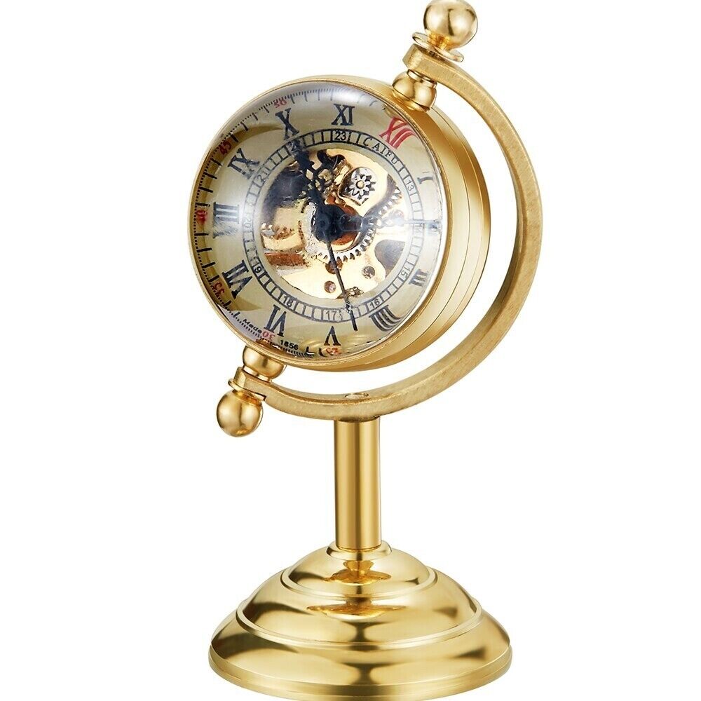 Pocket Watch Alloy Globe Shaped Golden Mechanical Hand Wind Unique Desk Ornament