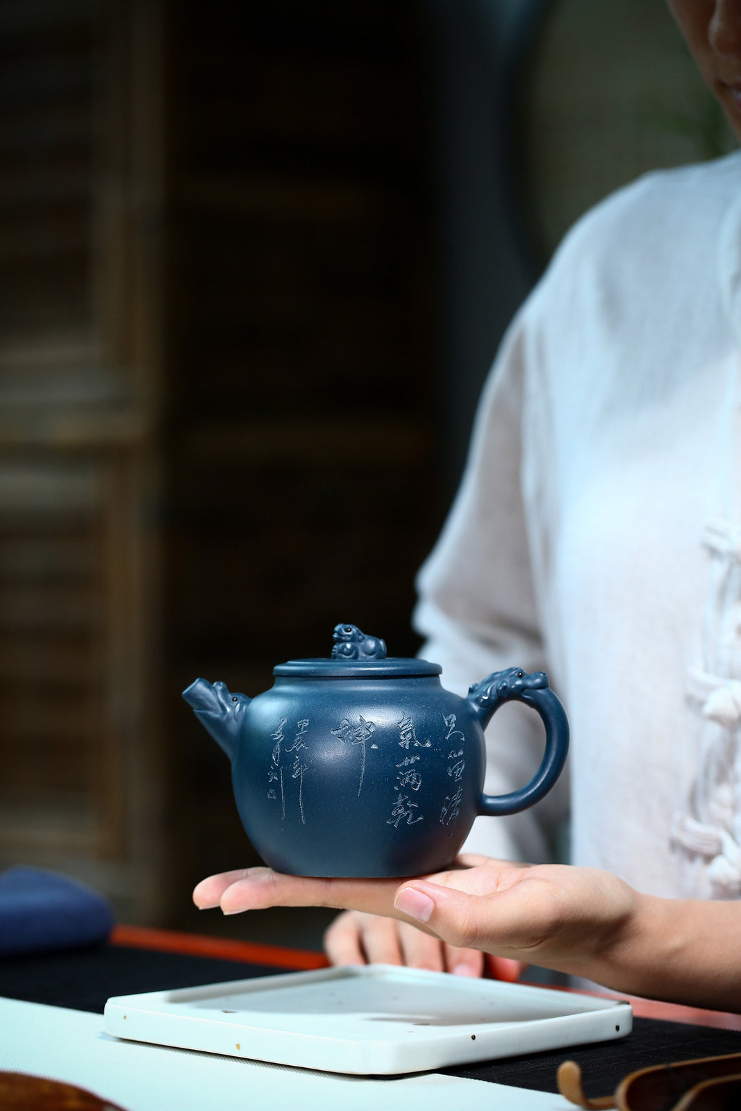 Collect Chinese Yixing Zisha Pottery Celeste Clay 350ML Auspicious Beast Teapot