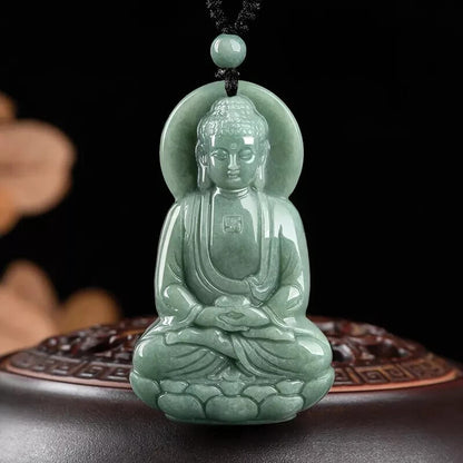 Grade A Natural Jadeite Guanyin Buddha Amitabha Ice Jade Pendant A-Quality