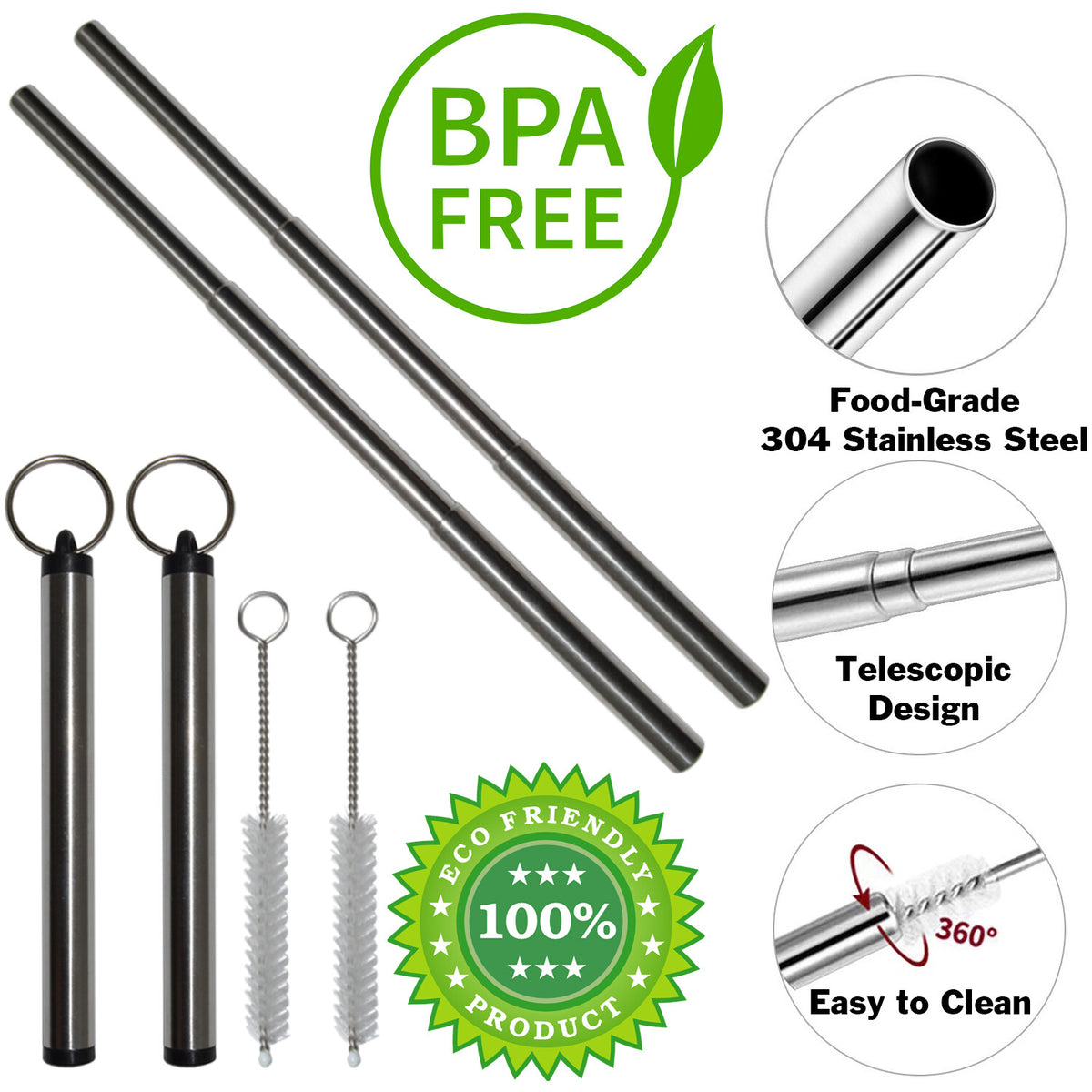 2 Pack Collapsible Metal Straws with Cleaning Brushes and Portable Keychain
