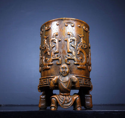 Antique Chinese Rosewood Carved Exquisite Buddha Statue Dragon Statue Brush Pot